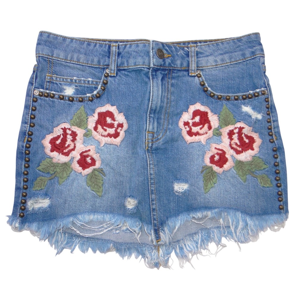 Free People Embroidered Rose Studded‎ Distressed Denim Mini Skirt Blue Size 26